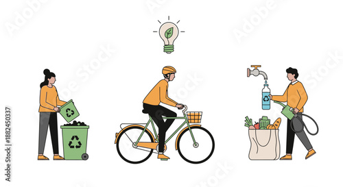 People engaging in eco-friendly activities, recycling, cycling with reusable bags, and refilling water bottles in a sustainable lifestyle