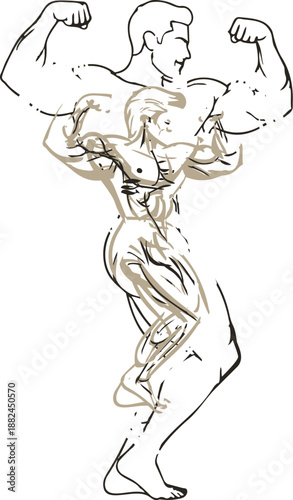 Muscular man flexing muscles with green outlines