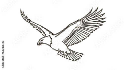 A black and white illustration of an eagle in flight