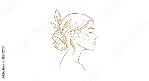 Woman face profile line art with leaf in hair vector illustration
