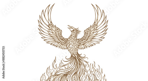Golden phoenix bird rising from flames