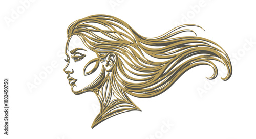 Golden illustration of a womans head with flowing hair in profile view