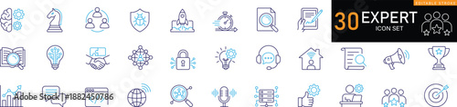 Expert line icon set featuring professional, specialist, authority, consultant, skills, certified, master, leadership, knowledge, business editable vector set.