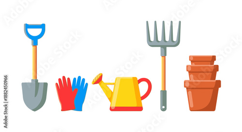 Gardening tools and equipment arranged neatly, showcasing shovel, gloves, and pots in a clean illustration.