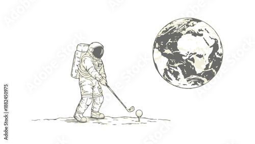 Astronaut playing golf on the moon with earth in the background