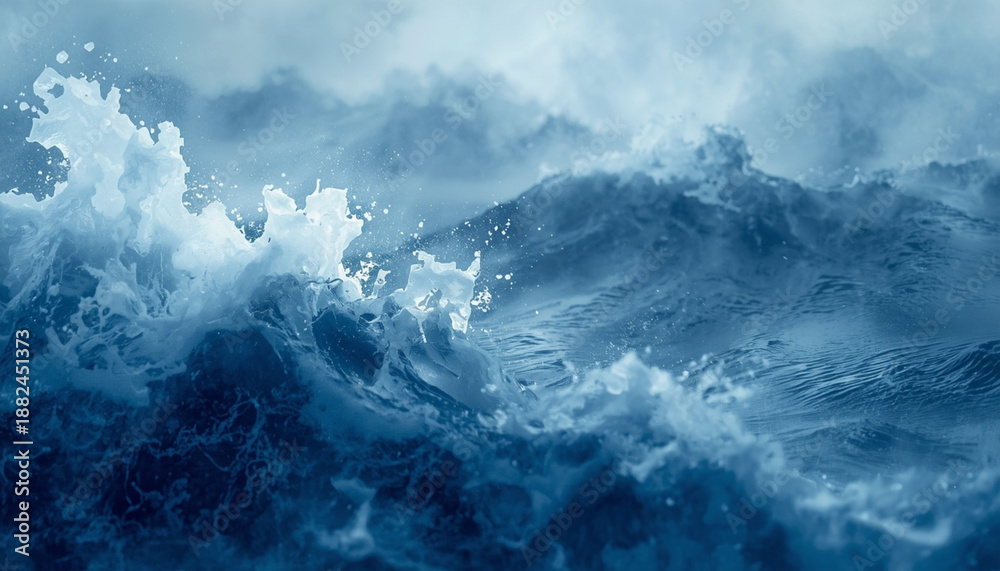 Obraz premium A powerful ocean wave crashes with white foam and spray under a stormy sky