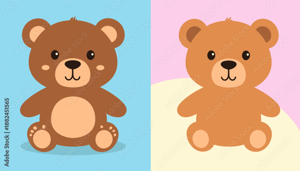 Fototapeta premium Two cute cartoon teddy bears on colored backgrounds