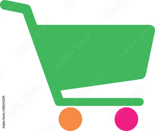 Simple Green Solid Shopping Cart Icon with Bright Orange and Pink Wheels