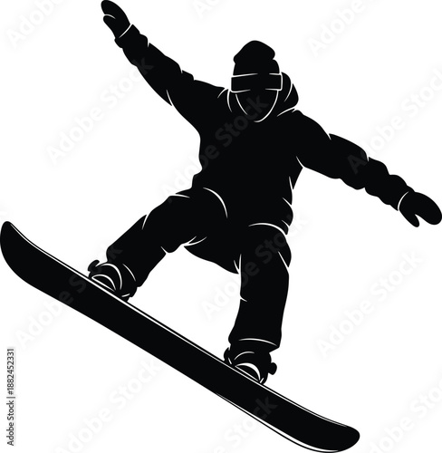 Black silhouette of a male snowboarder jumping in mid air wearing winter gear and beanie for extreme sports adventure and seasonal mountain activity