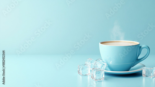 Wallpaper Mural Minimalist composition of a hot blue coffee cup with steam and scattered ice cubes on a monochrome turquoise background, offering contrast and negative space. Torontodigital.ca