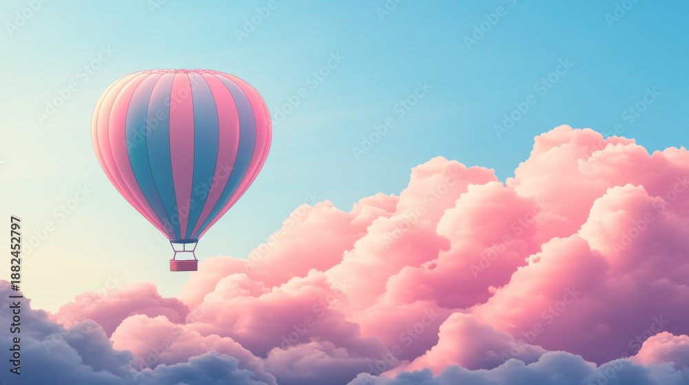 Obraz premium A whimsical striped pink and blue hot air balloon floating gracefully above soft fluffy pink clouds in a dreamy pastel sky creating a sense of adventure and wonder