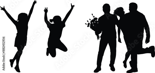 Happy people silhouettes jumping celebrating friendship love romance with bouquet, joyful men women group isolated on white background