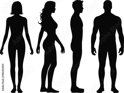 Male and female body silhouettes front side back views human anatomy shapes isolated on white background illustration