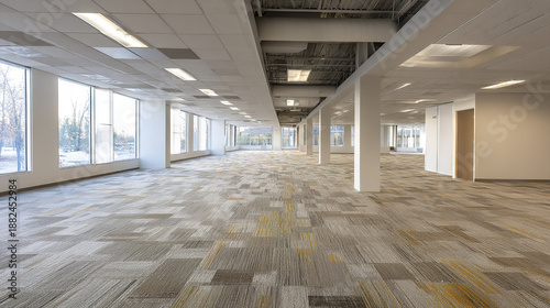 Empty office space with large windows and patterned carpet flooring, bright natural light fills modern commercial interior with white walls and ceiling tiles creating inviting atmosphere