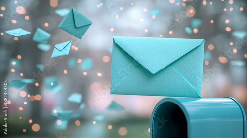 Conceptual teal blue envelopes flying out of a mailbox against a dreamy bokeh background, representing email marketing, digital communication, and newsletter messaging.
