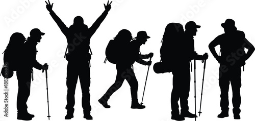 Black silhouette set of 5 hikers with backpacks and trekking poles in varied poses including walking, standing, and celebrating