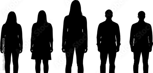 Black silhouette set of 5 standing human figures with varied heights and body shapes for gender or size comparison