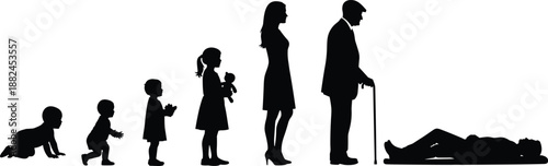 Black silhouette set of 7 human life stages from crawling baby to elderly figure with cane and final lying figure