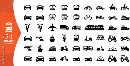 Extensive Collection of 54 Transportation Icons, Including Cars, Trucks, Boats, Planes, and Public Transit Symbols for Urban Planning, Logistics, and Travel Design