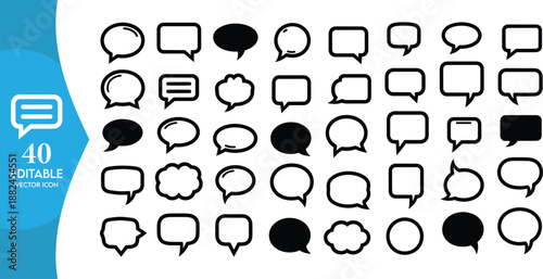 Pack of 40 Bold Speech Bubble Icons for Modern Messaging Apps, Thick Outline and Solid Communication Elements for Chat Interactivity and User Interface Design