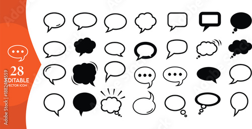 Collection of 28 Versatile Speech Bubbles and Thought Clouds, Including Dotted and Solid Variants for Dynamic Chat Graphics and Comic Book Illustration Assets