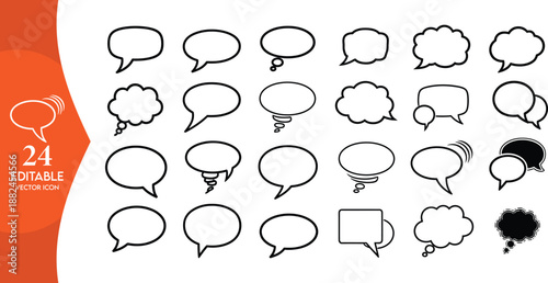 Set of 24 Elegant Thin Line Speech Bubbles and Thought Clouds, Minimalist Vector Elements for Clean Professional Communication and Modern Web Design Layouts