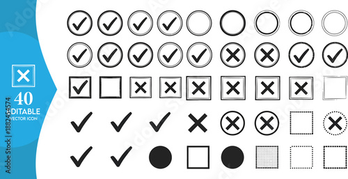 Comprehensive Set of 40 Checkmark and Cross Icons, Editable Tick and X Symbols for Surveys, Validation, Task Completion, and Interface Design in Minimalist Style