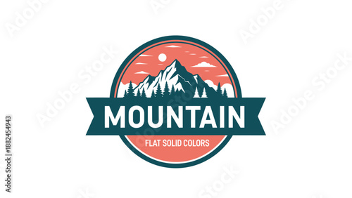 Mountain Adventure Emblem with Pine Trees and Sun.