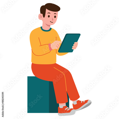 A man is sitting on a box while playing on a tablet