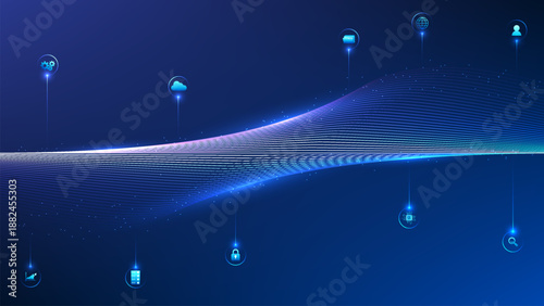 Deep Tech Technology Background, Abstract Data Wave Lines Blending Together with Icons, Advanced Innovation Concept, Digital Transformation, Big Data Analytics, AI and Future Technology