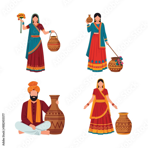 Set of four illustrations depicting diverse Indian men and women in traditional attire with various handcrafted pottery items.