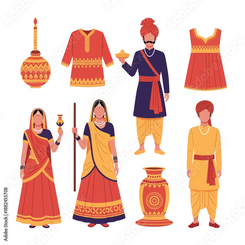 Illustration of traditional Indian clothing, cultural items, and people in ethnic attire.