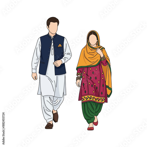 Illustration of a man and woman in traditional South Asian Shalwar Kameez attire, walking together, showcasing cultural fashion.