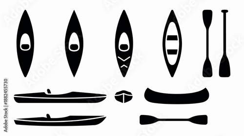 Collection of Kayaks and Canoes with Paddles in Various Views.