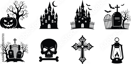 Halloween spooky silhouette icon set with haunted castle graveyard pumpkin skull cross lantern vector illustration collection