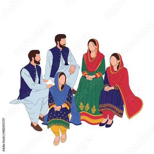 A group of five South Asian people, three women and two men, dressed in traditional vibrant clothing, sitting together in a vector illustration.