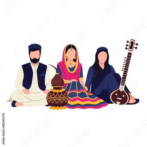 Illustration of South Asian people in traditional attire with cultural elements like a sitar and pot, representing diverse heritage and music.