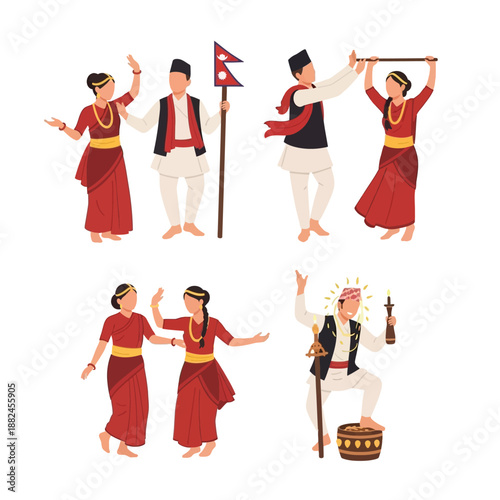 Illustrations of Nepalese people in traditional attire performing various cultural dances and rituals, showcasing the rich heritage and traditions of Nepal.
