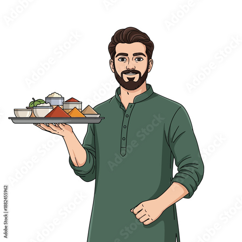 Cartoon illustration of a smiling man in a green kurta holding a tray of colorful Indian spices in small bowls.