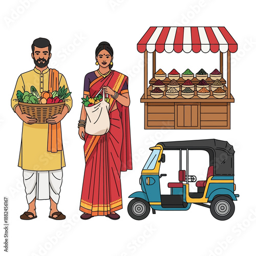 Indian market scene with a man holding vegetables, a woman with groceries, a spice stall, and an auto-rickshaw.