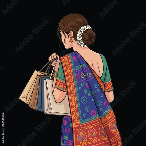 A detailed illustration of an Indian woman in a colorful saree carrying shopping bags, with her hair adorned with flowers.