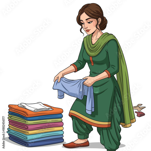 A woman in a green salwar kameez folding a blue shirt next to a stack of colorful laundry on a white background.