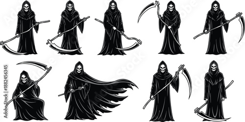 Grim reaper skeleton figures set black white vector illustration gothic horror death scythe poses fantasy occult character collection design artwork