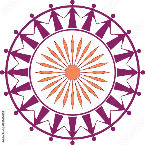 Circular Unity: An intricate mandala design symbolizes interconnectedness and community, featuring stylized figures linked together around a central sun-like element.