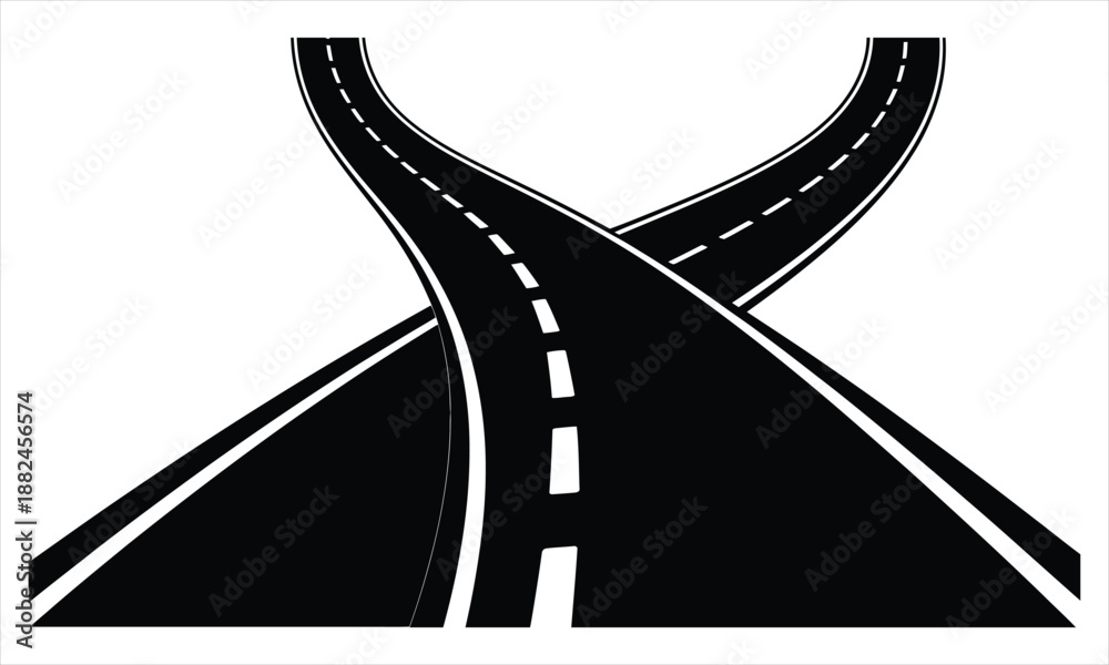 Naklejka premium A monochromatic overhead view of two merging or diverging roads creating an intersection point