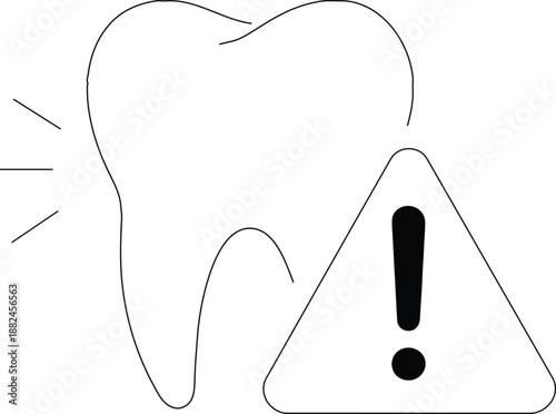 Linear vector illustration of a molar tooth with a warning triangle sign for dental alert and pain