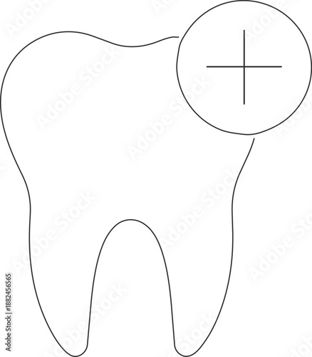 Simple line art vector icon of a molar tooth with a plus sign symbol representing dental healthcare