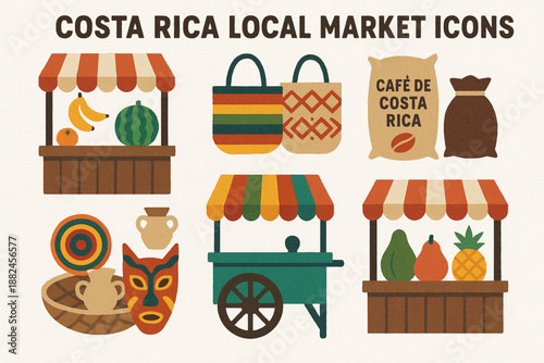 Costa Rica Local Market Icon Grid with Traditional Stalls and Textured Vector Style