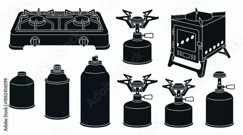 Collection of various camping stoves and fuel canisters for outdoor cooking adventures.