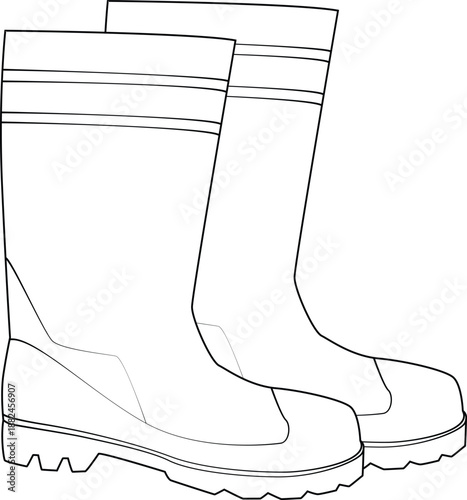 Side view outline of a pair of rubber safety boots. Vector line art of industrial protective footwear isolated on white background. Rain and garden gear.